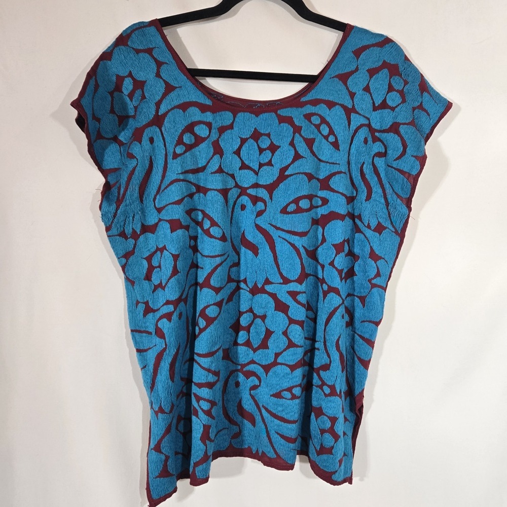 Mexican Huipil Blouse Turquoise Burgundy Full Embroidery Floral Birds M L Boho